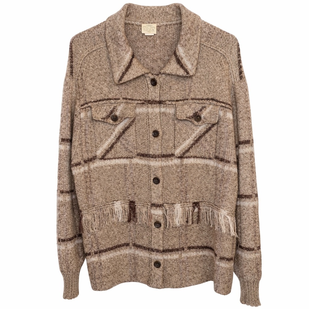 Telluride Clothing Company Fringe Button Front Sweater Plaid Tan Brown XL